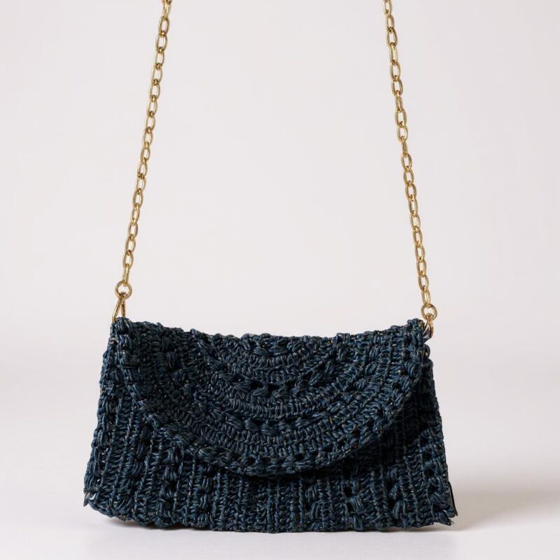 Lacivert- Gold Simli El Örgüsü Yazlık Çanta Kağıt İp - Görsel 2