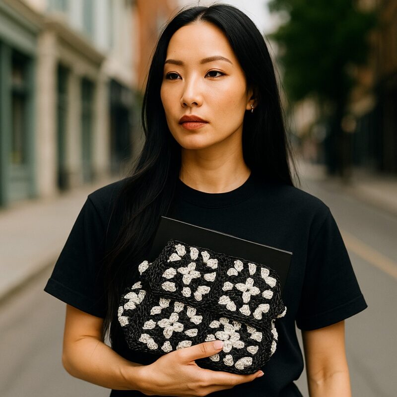 Siyah Beyaz Motifli Özel Ahşap Burslu El Çantası Kağıt İp - Görsel 3