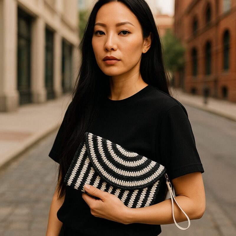 Siyah Beyaz Clutch Çanta, Elcikli-Kağıt İp - Görsel 2