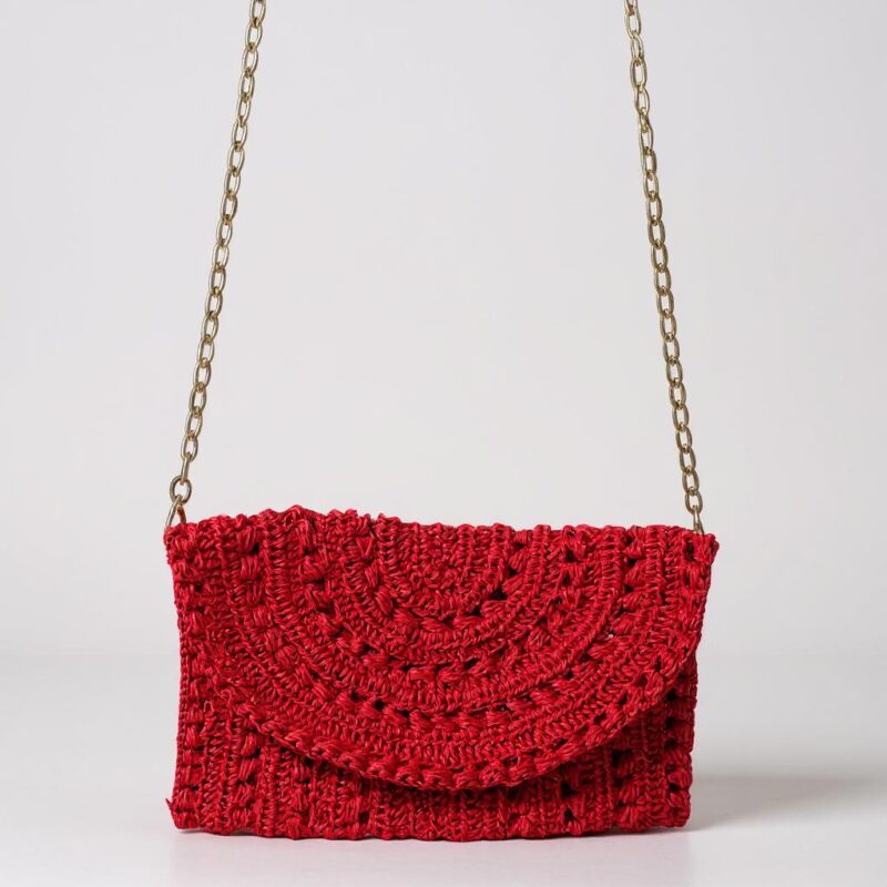 Kırmızı Yazlık El Örgüsü Çanta Kağıt İp - Görsel 3