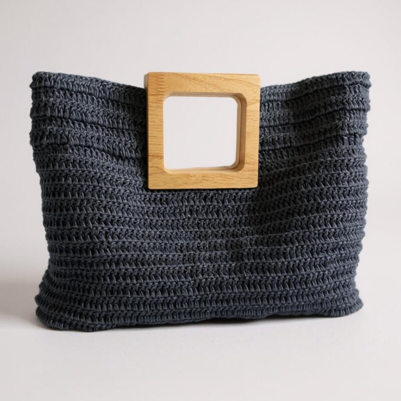 Lacivert Kağıt İp El Örgüsü Kare Bambu Saplı Çanta