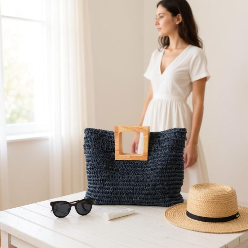 Lacivert Kağıt İp El Örgüsü Kare Bambu Saplı Çanta - Görsel 2