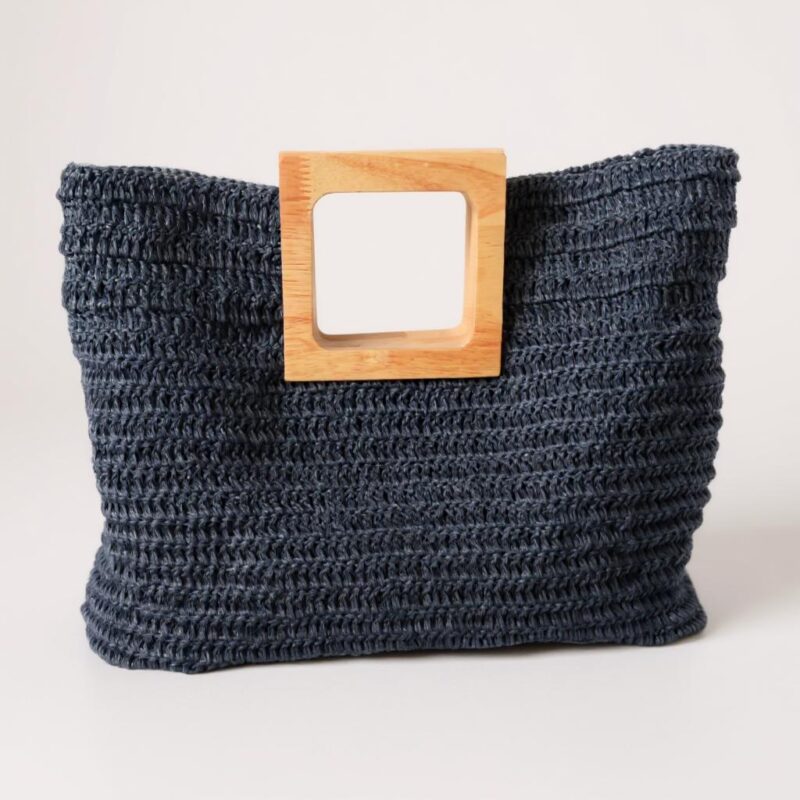 Lacivert Kağıt İp El Örgüsü Kare Bambu Saplı Çanta - Görsel 3