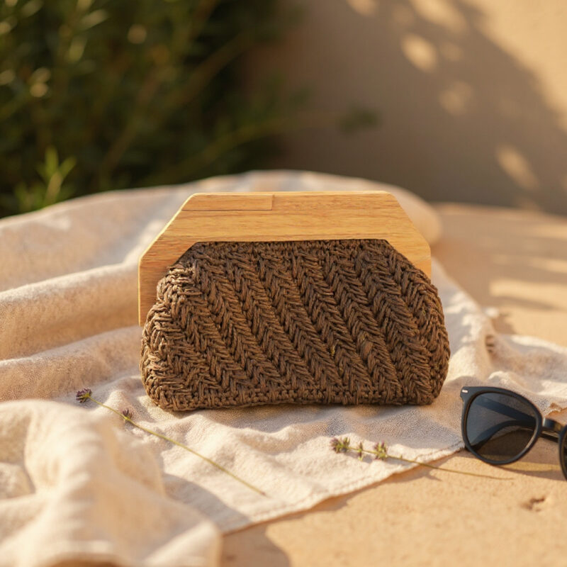 El Yapımı Acı Kahve Gold Yansımalı Kağıt İp Çanta | Ahşap Mıknatıslı Burs Saplı – Zincir Detaylı