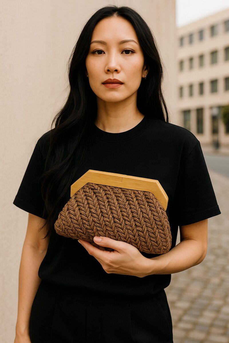 El Yapımı Acı Kahve Gold Yansımalı Kağıt İp Çanta | Ahşap Mıknatıslı Burs Saplı – Zincir Detaylı - Görsel 2