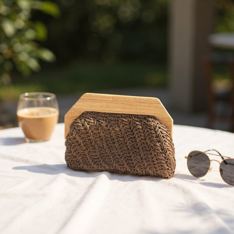 El Yapımı Acı Kahve Gold Yansımalı Kağıt İp Çanta | Ahşap Mıknatıslı Burs Saplı – Zincir Detaylı - Görsel 3