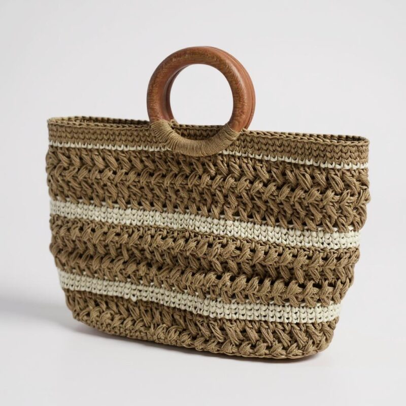 Doğal Rafya Örgü Çanta | Ahşap Saplı Bohem El Çantası - Görsel 3