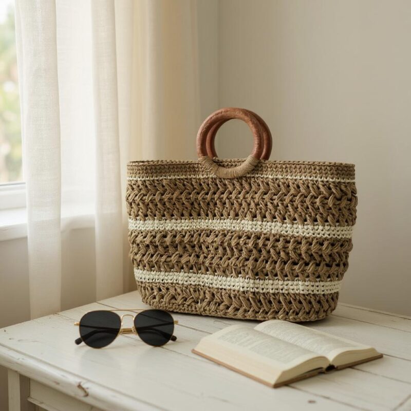 Doğal Rafya Örgü Çanta | Ahşap Saplı Bohem El Çantası - Görsel 4