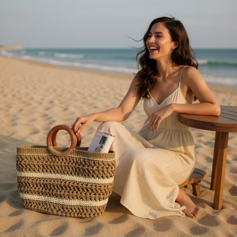 Doğal Rafya Örgü Çanta | Ahşap Saplı Bohem El Çantası - Görsel 2